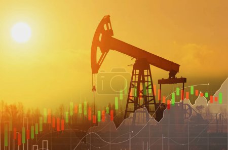 Photo for Rise in gasoline prices concept with double exposure of digital screen with financial chart graphs and oil pumps on a field - Royalty Free Image