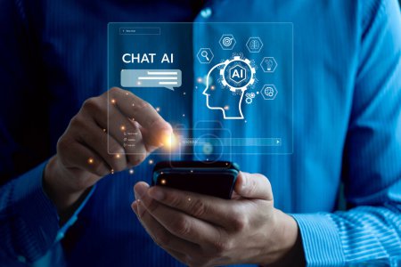 Foto de Business people using artificial intelligence AI, search for information using an artificial intelligence chatbot. smart technology by inputting. future technology information, Open AI - Imagen libre de derechos