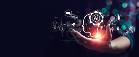 Foto de Empresario tocando el cerebro trabajando de Inteligencia Artificial (AI) Automatización, Análisis predictivo, Servicio al cliente chatbot impulsado por IA, analizar datos de clientes, negocios y tecnología - Imagen libre de derechos