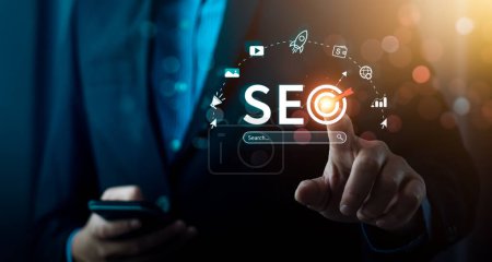 business people use SEO tools, Unlocking online potential. Boost visibility, attract organic traffic, and dominate search engine rankings with strategic optimization techniques. digital marketing-stock-photo