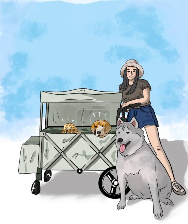 Foto de Paseo Urbano alegre, Mujer, y su Beagle, Poodle, y Husky siberiano, en el carro, pintado en ilustraciones coloridas, sobre fondo blanco, con cielo y nubes, espacio de copia. - Imagen libre de derechos