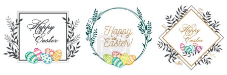 Illustration for Easter frames decorated with herbs, flowers and Easter eggs. Colored Easter eggs. Vector drawing. - Royalty Free Image