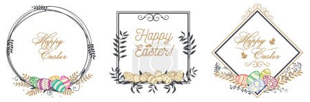 Illustration for Easter frames decorated with herbs, flowers and Easter eggs. Borders with colored Easter eggs, birds and curls. Decorative Easter design elements. Colored Easter eggs, herbs, flowers and twigs are collected in wreaths. Happy Easter. Vector drawing. - Royalty Free Image