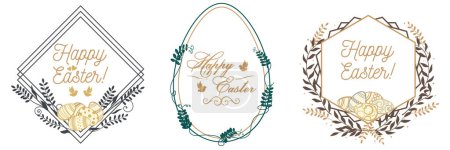 Illustration for Easter frames decorated with herbs, flowers and Easter eggs. Borders with Easter eggs, birds and curls. Egg-shaped greeting frame. Decorative Easter design elements. Easter eggs, herbs, flowers and twigs are collected in wreaths. Vector drawing. - Royalty Free Image