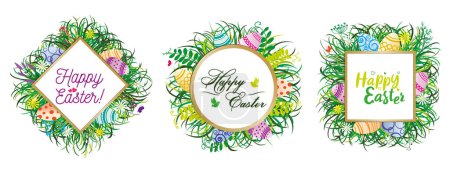 Illustration for Easter borders decorated with herbs, flowers and Easter eggs. Frames with Easter eggs, daisies and birds. Twigs, flowering herbs and daisies in green grass Easter eggs, herbs, flowers and twigs are collected in wreaths. Happy Easter. Vector drawing. - Royalty Free Image