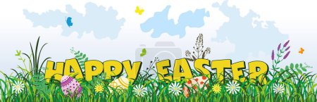Illustration for Happy Easter, congratulatory inscription and Easter eggs in the grass. Large letters in herbs and flowers. Easter composition, vector illustration. - Royalty Free Image