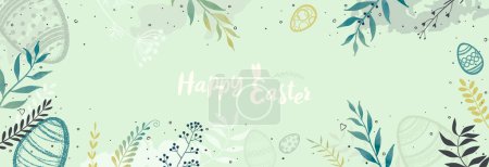 Ostereier und Pflanzen auf hellgrünem Hintergrund. Osterbanner mit Pflanzen und Grüßen für den Feiertag. Ostereier werden in Punkten gezeichnet. Frohe Ostern. Eine Form für die eine oder andere Grußkarte. Vektorillustration.