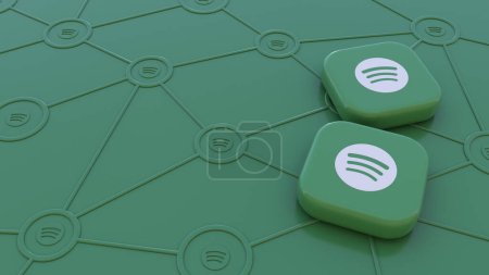 Foto de Dos insignias de Spotify sobre fondo verde que representan el concepto de conectividad a través de redes de streaming. - Imagen libre de derechos
