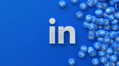 Foto de Representación 3d de un logotipo Linkedin rodeado de un montón de píldoras con el icono de la aplicación sobre fondo azul. - Imagen libre de derechos