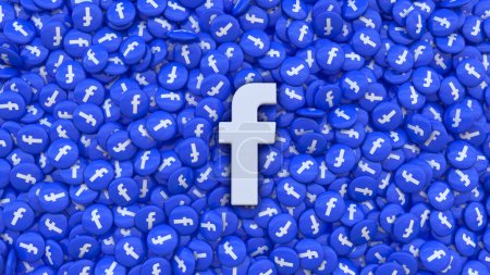 Foto de 3d representación de un logotipo de Facebook en un montón de píldoras con el icono de la aplicación. - Imagen libre de derechos