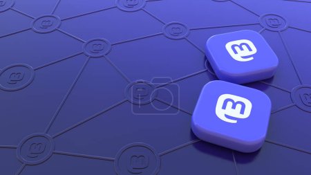 Photo for 3D Rendering of two Mastodon badges on violet background representing the concept of connectivity through social networks. - Royalty Free Image