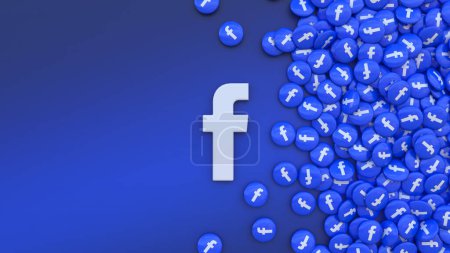 Foto de 3d representación de un logotipo de Facebook rodeado de un montón de píldoras con el icono de la aplicación sobre fondo azul. - Imagen libre de derechos