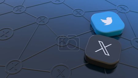 Foto de Representación en 3D de dos insignias cuadradas con el logotipo de Twitter y el nuevo logotipo X sobre fondo degradado negro a azul que representa el concepto de conectividad a través de las redes sociales. - Imagen libre de derechos