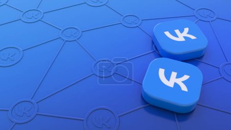 Foto de Representación en 3D de dos insignias con el logotipo de Vkontakte sobre fondo azul que representa el concepto de conectividad a través de las redes sociales rusas. - Imagen libre de derechos