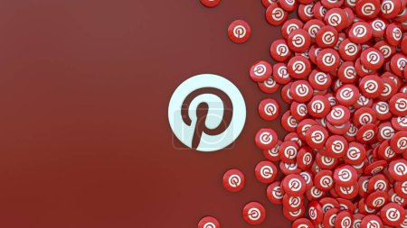 Téléchargez les photos : Rendu 3d d'un logo Pinterest entouré d'un tas de pilules avec l'icône de l'application sur fond rouge foncé. - en image libre de droit