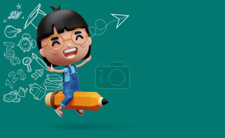Foto de Niño feliz con pancil, lindo personaje de dibujos animados chica, 3d rendering - Imagen libre de derechos