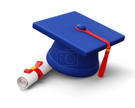 Foto de Tapa de graduación con diploma, representación 3d - Imagen libre de derechos