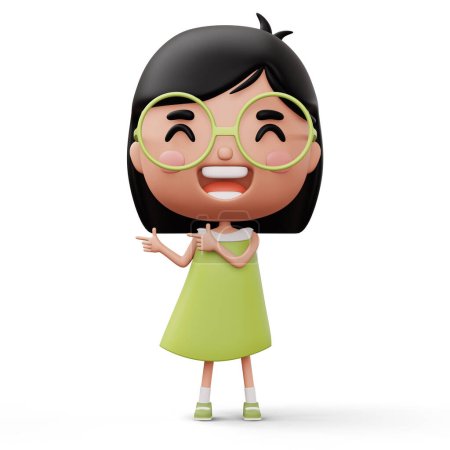 Foto de Niño feliz señalando los dedos, lindo personaje de dibujos animados chica, 3d renderizado - Imagen libre de derechos