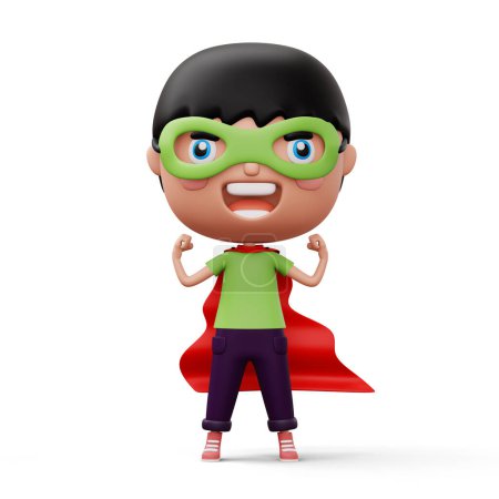 Foto de Divertido niño superhéroe poco poder en una ropa de héroe, concepto de niño héroe, 3d renderizado - Imagen libre de derechos
