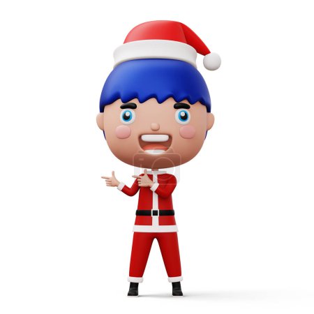 Foto de Niño feliz con traje de Santa Claus señalando el dedo, Feliz Navidad, 3d rendering - Imagen libre de derechos