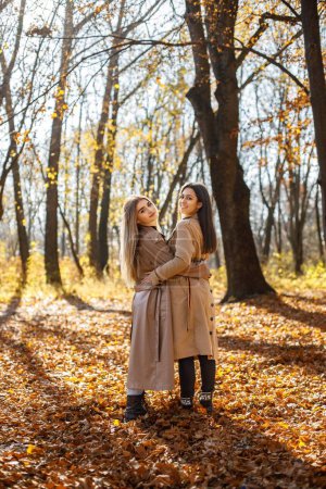 Photo for Two beautiful female friends spending time together. Two young smiling sisters walking in autumn park. Brunette and blonde girls wearing coats. - Royalty Free Image