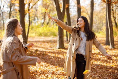 Photo for Two beautiful female friends throwing yellow leaves. Two young smiling sisters walking in autumn park. Brunette and blonde girls wearing coats. - Royalty Free Image