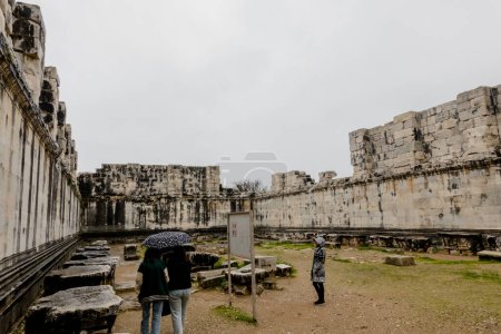 Téléchargez les photos : Les touristes visitent les ruines Didyma en Turquie, une collection impressionnante et bien préservée de bâtiments anciens, y compris le temple d'Apollon, l'un des plus grands temples du monde antique. - en image libre de droit