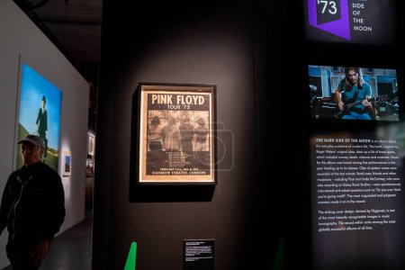 Photo for TORONTO, ONTARIO, CANADAS - JUNE 15, 2023: Artifacts and video display at Pink Floyd - Their Mortal Remains Exhibit. - Royalty Free Image