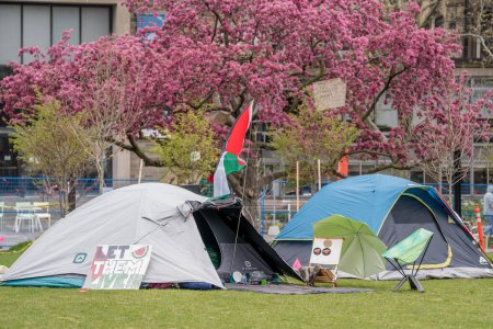Téléchargez les photos : Signalisation et pulvérisation de messages pro-palestiniens sur des tentes peintes à l'Université de Toronto. Les étudiants occupent le campus avec un campement pro-palestinien, reflétant les mouvements mondiaux en faveur des droits palestiniens, tout en érigeant des barrières qui excluent - en image libre de droit