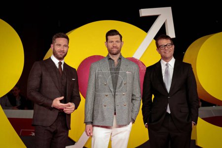 Photo for Rome Italy - October 22, 2022: Luke Macfarlane (L), Billy Eichner (C) and Nicholas Stoller (R) attends in the red carpet of the film "Bros" at the 17th Rome Film Festival at the Auditorium Parco della Musica - Royalty Free Image