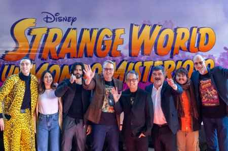 Photo for Rome, Italy - November 21, 2022: Presentation of the new Walt Disney movie 'Strange World - Un Mondo Misterioso' with (from left) the Italian voices Michele Bravi, Federica Abbate, Marco Bocci (Searcher Clade), the director Don Hall, the co-director - Royalty Free Image