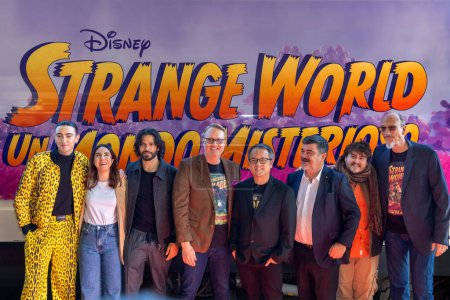 Photo for Rome, Italy - November 21, 2022: Presentation of the new Walt Disney movie 'Strange World - Un Mondo Misterioso' with (from left) the Italian voices Michele Bravi, Federica Abbate, Marco Bocci (Searcher Clade), the director Don Hall, the co-director - Royalty Free Image