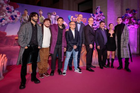 Photo for Rome, Italy - 21 Nov 2022: (L-R) Marco Bocci, Lorenzo Crisci, Jaboukie Young-White, Qui Nguyen, Roy Conli, Don Hall, Francesco Pannofino, Federica Abbate and Michele Bravi  attends the red carpet of the premiere of the animated film 'Strange World - - Royalty Free Image