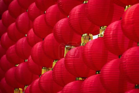 Photo for Red lantern decoration for Chinese New Year Festival at Chinese shrine. Ancient Chinese art, fortune blessing compliment. Chinese red lanterns. - Royalty Free Image