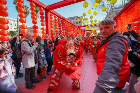Photo for Rome, Italy - February 18, 2024: Chinese New Year celebrations in the square, public event with performances in traditional clothes of ballets typical of Chinese culture, singers, musicians. - Royalty Free Image