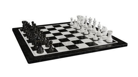 Chess board with black and white chess set on it on isolated background.