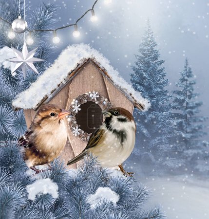 Weihnachten, Neujahr Hintergrund, zwei Spatzen sitzen in der Nähe des Vogelhauses, Tannenzweige, Dekorationen, Schnee, Beeren, Beleuchtung, brennende Girlanden, 3D-Rendering