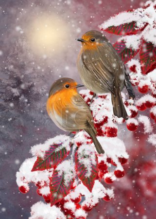 Téléchargez les photos : Christmas, New Year's winter holiday background, two tit birds sit on a snow-covered tree branch with red clusters of berries, blizzard, snow, forest, fir trees, 3d rendering - en image libre de droit