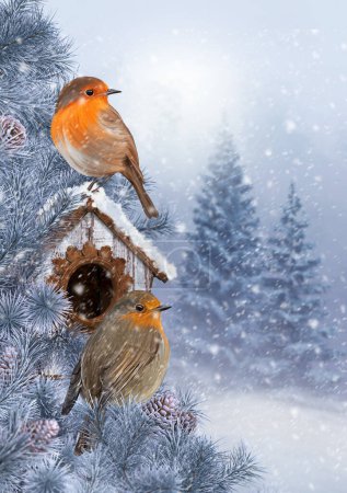 Foto de Navidad, Fondo de vacaciones de invierno de Año Nuevo, dos aves ballesta están sentados en una rama de abeto, la nieve está cayendo, una ventisca, un bosque cubierto de nieve, ventisqueros, iluminación nocturna, 3d representación - Imagen libre de derechos
