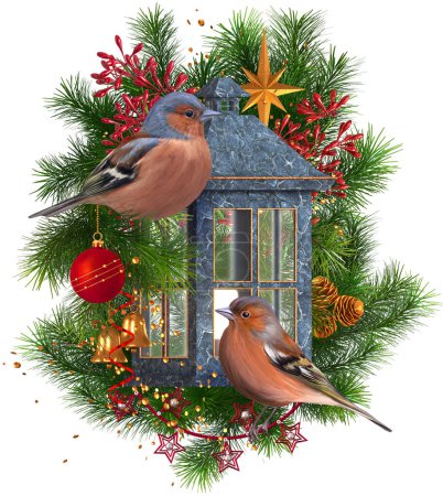 Foto de Navidad Año Nuevo fondo festivo, dos pájaros brillantes se sientan en una rama de abeto, pinos cerca de una linterna decorativa, ramas de abeto, pinos, bayas rojas, decoraciones de oro, aislado, 3d representación - Imagen libre de derechos