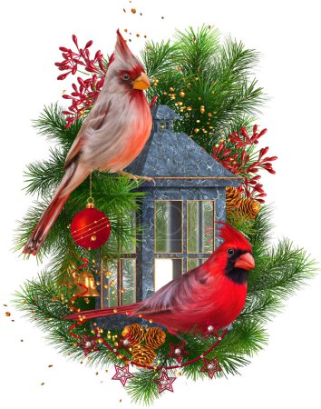 Foto de Navidad Año Nuevo fondo festivo, dos pájaros cardinales se sientan en una rama de abeto, pinos cerca de una linterna decorativa, ramas de abeto, pinos, bayas rojas, decoraciones de oro, aislado, 3d representación - Imagen libre de derechos