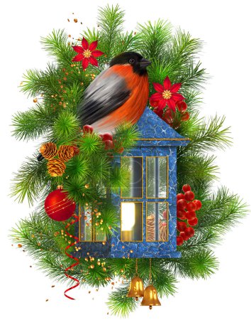 Foto de Navidad, Fondo de vacaciones de Año Nuevo, pájaro brillante toro se sienta en una rama de abeto, pinos cerca de una linterna decorativa, ramas de abeto, pinos, bayas rojas, decoraciones de oro, aislado, 3d representación - Imagen libre de derechos