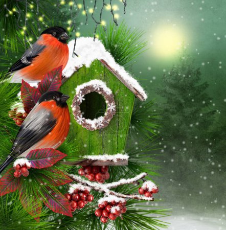 Photo for Christmas New Year festive winter background, two snigir birds sit near the birdhouse on a spruce branch, pine trees, red berries, burning garland, decorations, snow, 3d rendering - Royalty Free Image