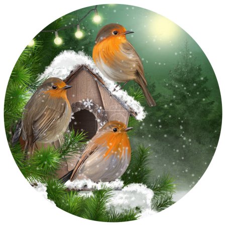 Foto de Christmas New Year festive winter background, three tit birds sit near the birdhouse on a spruce branch, pine trees, burning garland, decorations, snow, 3d rendering, round shape - Imagen libre de derechos