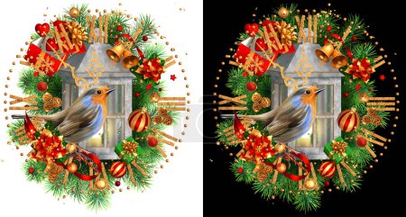 Foto de Navidad, Fondo de vacaciones de Año Nuevo, pájaro brillante toro se sienta en una rama de abeto, pinos cerca de una linterna decorativa, ramas de abeto, pinos, decoraciones de oro, aislado, 3d representación - Imagen libre de derechos
