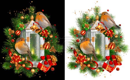 Téléchargez les photos : Noël, Fond de vacances du Nouvel An, pinsons lumineux assis sur une branche de sapin, pins près d'une lanterne décorative, branches de sapin, pins, décorations dorées, isolé, rendu 3d - en image libre de droit