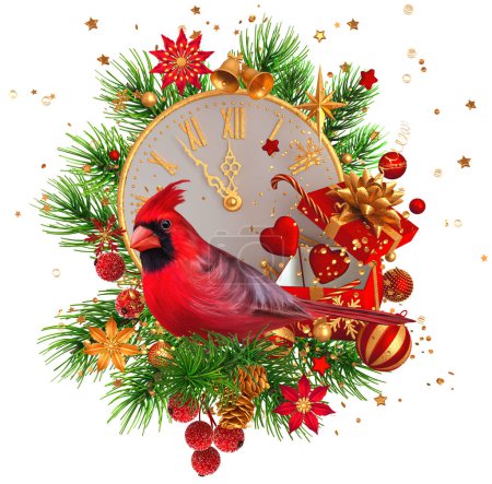Foto de Navidad, Año Nuevo fondo de vacaciones, pájaro cardinal rojo, volando regalo caja abierta, reloj, decorado, ramas de abeto, pinos, corazón, flores, juguetes, oropel, oro, 3d rendering, aislado - Imagen libre de derechos