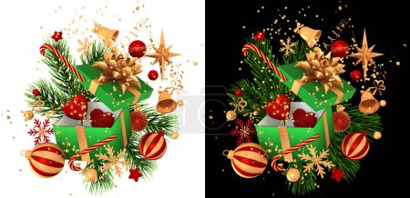 Téléchargez les photos : Noël, Fond festif du Nouvel An, vol flottant boîte ouverte cadeau, décoré avec des rubans dorés et un arc, branches de sapin, pins, jouets, tinsel, or, rendu 3D, isolé - en image libre de droit