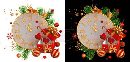 Photo for Christmas, New Year holiday background, flying floating open box gift, clock decorated with golden ribbons and a bow, heart, fir branches, pine trees, toys, tinsel, gold, 3d rendering, isolated - Royalty Free Image