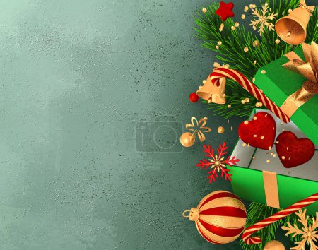 Photo for Christmas, New Year festive background, flying floating open box gift, decorated with golden ribbons and a bow, fir branches, pine trees, toys, tinsel, gold, 3d rendering - Royalty Free Image
